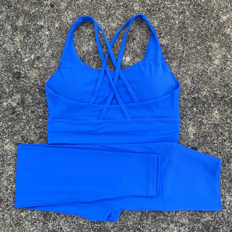 Yoga Set 2 Piece Set Gym Sports Set Women Workout Clothes Fitness Suit Cross Straps Bra High Waist Leggings Running Tracksuit