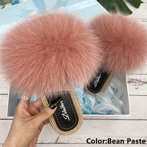 Fur Slippers Woman Flats Faux Straw Sandals Real Raccoon Fox Fur Summer Ladies Light Flip Flops 2024 Fashion New Beach Slides