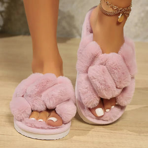 Women's plush and furry cross strap slippers - comfortable indoor home shoes with non slip soles women 2024