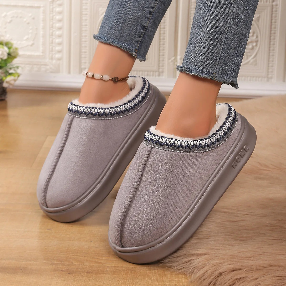Winter 2025 New Cashmere Warm Thick Sole Heelless Covered Half Mop Cashmere Warm Uggs  Shoes  Slippers  Shoes for Women