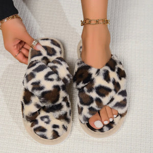 Cross opening spring and autumn home anti slip flat bottomed couple style fashionable and simple open toed hairy slippers