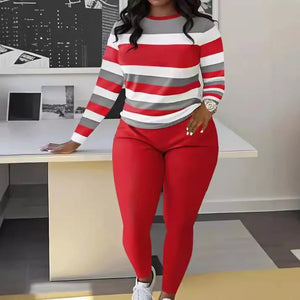 Women's Large Two-piece Set, Long Sleeved Round Neck Long Pants Top, Matched With Large Clothing Two Piece Set For Women