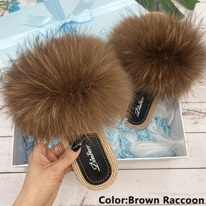 Fur Slippers Woman Flats Faux Straw Sandals Real Raccoon Fox Fur Summer Ladies Light Flip Flops 2024 Fashion New Beach Slides
