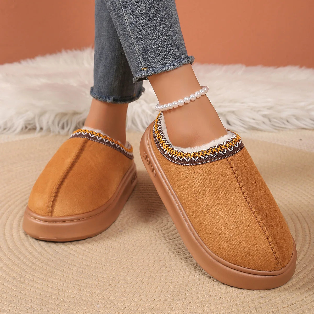 Winter 2025 New Cashmere Warm Thick Sole Heelless Covered Half Mop Cashmere Warm Uggs  Shoes  Slippers  Shoes for Women