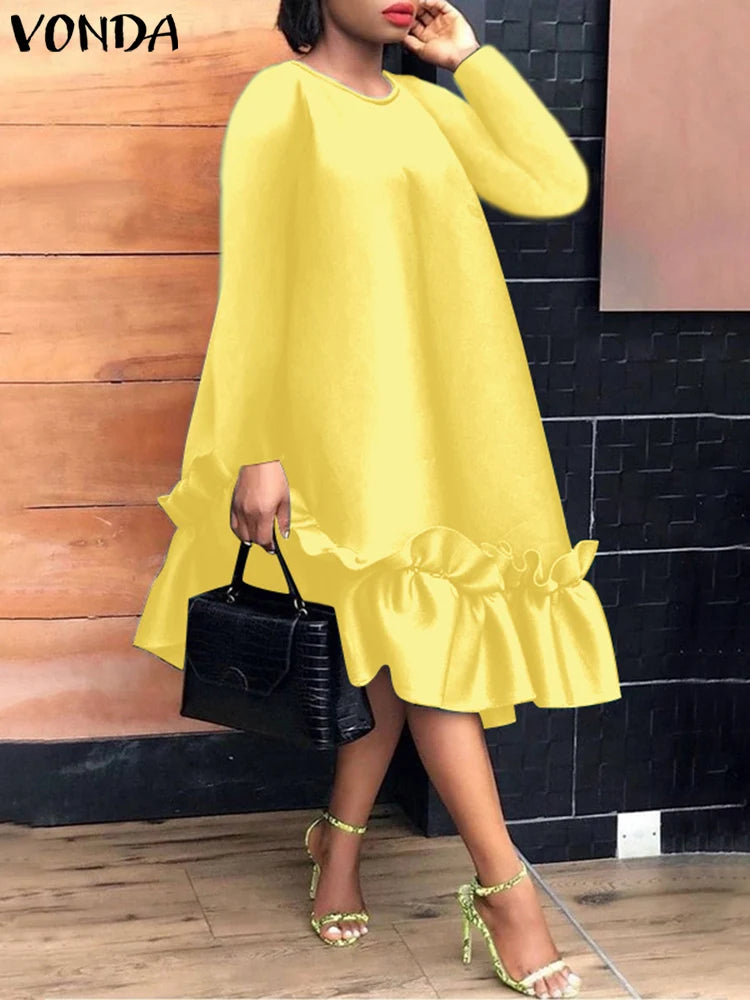 Plus Size 5XL VONDA Women Elegant Midi Dress 2024 Bohemian Printed Sundress Autumn Long Sleeve Casual Loose Robe Femme Vestidos