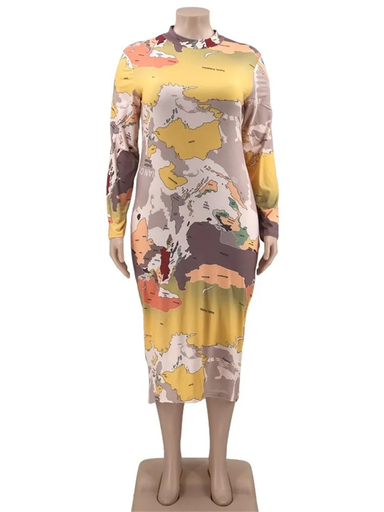 Wmstar Plus Size Dress for Women Vintage Turtleneck Long Sleeve Multi Print Maxi Dresses Fall Clotches Wholesale Dropshipping