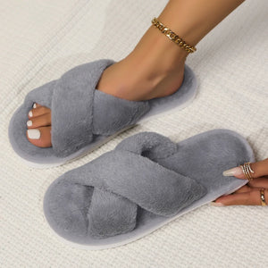 Cross opening spring and autumn home anti slip flat bottomed couple style fashionable and simple open toed hairy slippers