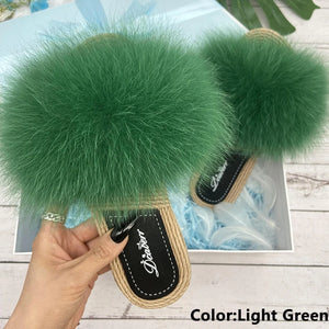 Fur Slippers Woman Flats Faux Straw Sandals Real Raccoon Fox Fur Summer Ladies Light Flip Flops 2024 Fashion New Beach Slides
