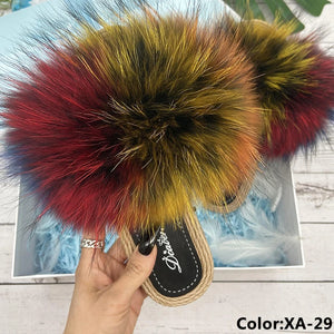 Fur Slippers Woman Flats Faux Straw Sandals Real Raccoon Fox Fur Summer Ladies Light Flip Flops 2024 Fashion New Beach Slides