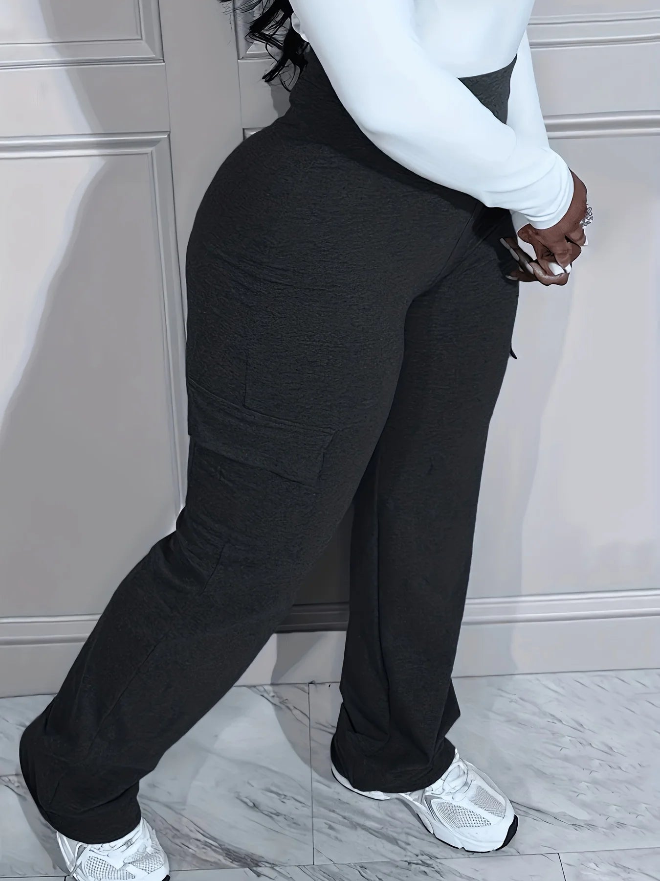 Plus Size Solid Pocket Pants Casual High Waist Pants For Spring & Fall Women's Plus Size Clothing