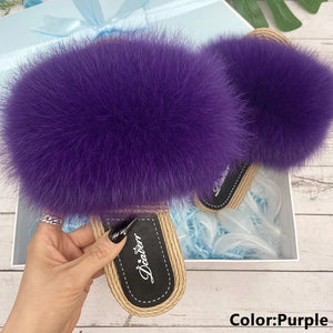 Fur Slippers Woman Flats Faux Straw Sandals Real Raccoon Fox Fur Summer Ladies Light Flip Flops 2024 Fashion New Beach Slides