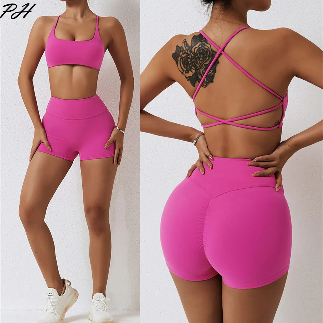 Seamless Yoga Set Sexy Workout Sportswear Gym Clothing 2Pcs Sport Sets Women Hight Waist Leggings Fitness Shorts Sport Bra Suit