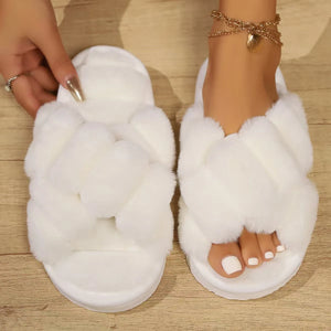 Women's plush and furry cross strap slippers - comfortable indoor home shoes with non slip soles women 2024