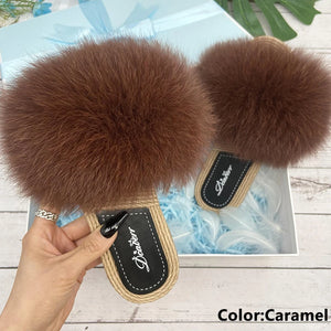 Fur Slippers Woman Flats Faux Straw Sandals Real Raccoon Fox Fur Summer Ladies Light Flip Flops 2024 Fashion New Beach Slides