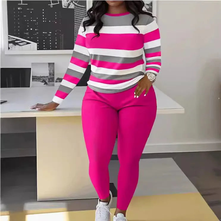 Women's Large Two-piece Set, Long Sleeved Round Neck Long Pants Top, Matched With Large Clothing Two Piece Set For Women