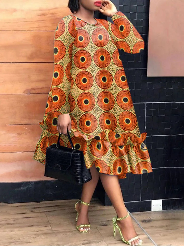 Plus Size 5XL VONDA Women Elegant Midi Dress 2024 Bohemian Printed Sundress Autumn Long Sleeve Casual Loose Robe Femme Vestidos