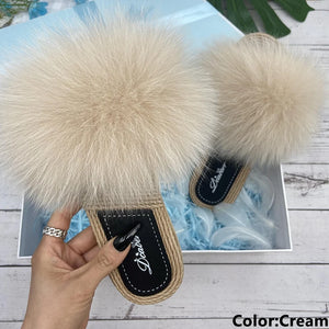 Fur Slippers Woman Flats Faux Straw Sandals Real Raccoon Fox Fur Summer Ladies Light Flip Flops 2024 Fashion New Beach Slides