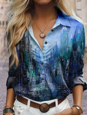 Fashion Women's Button Top New Texture Printed Shirt Temperament Women's Office Long Sleeve Shirt