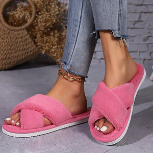 Cross opening spring and autumn home anti slip flat bottomed couple style fashionable and simple open toed hairy slippers