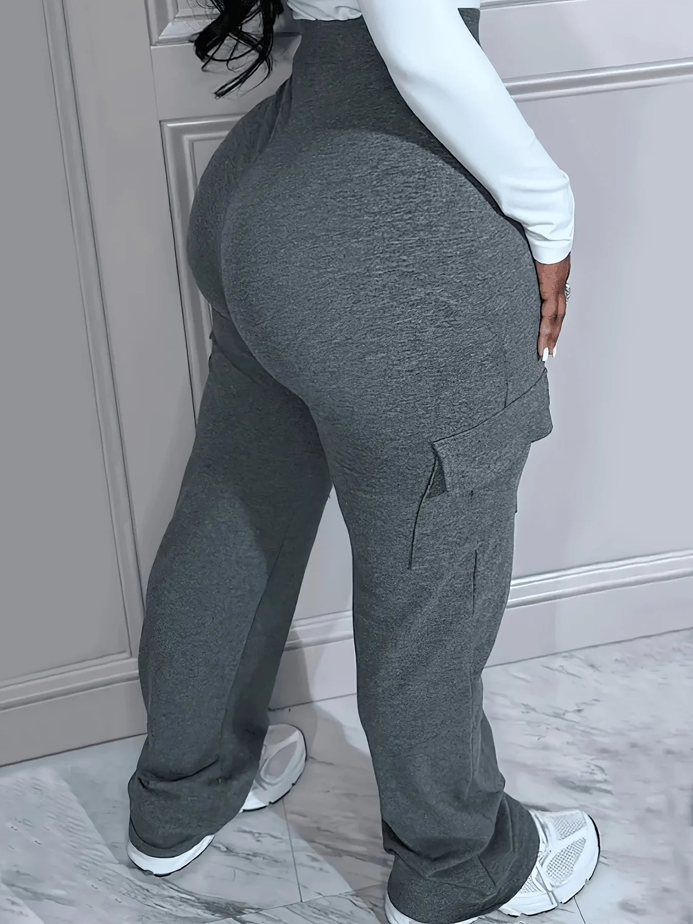Plus Size Solid Pocket Pants Casual High Waist Pants For Spring & Fall Women's Plus Size Clothing