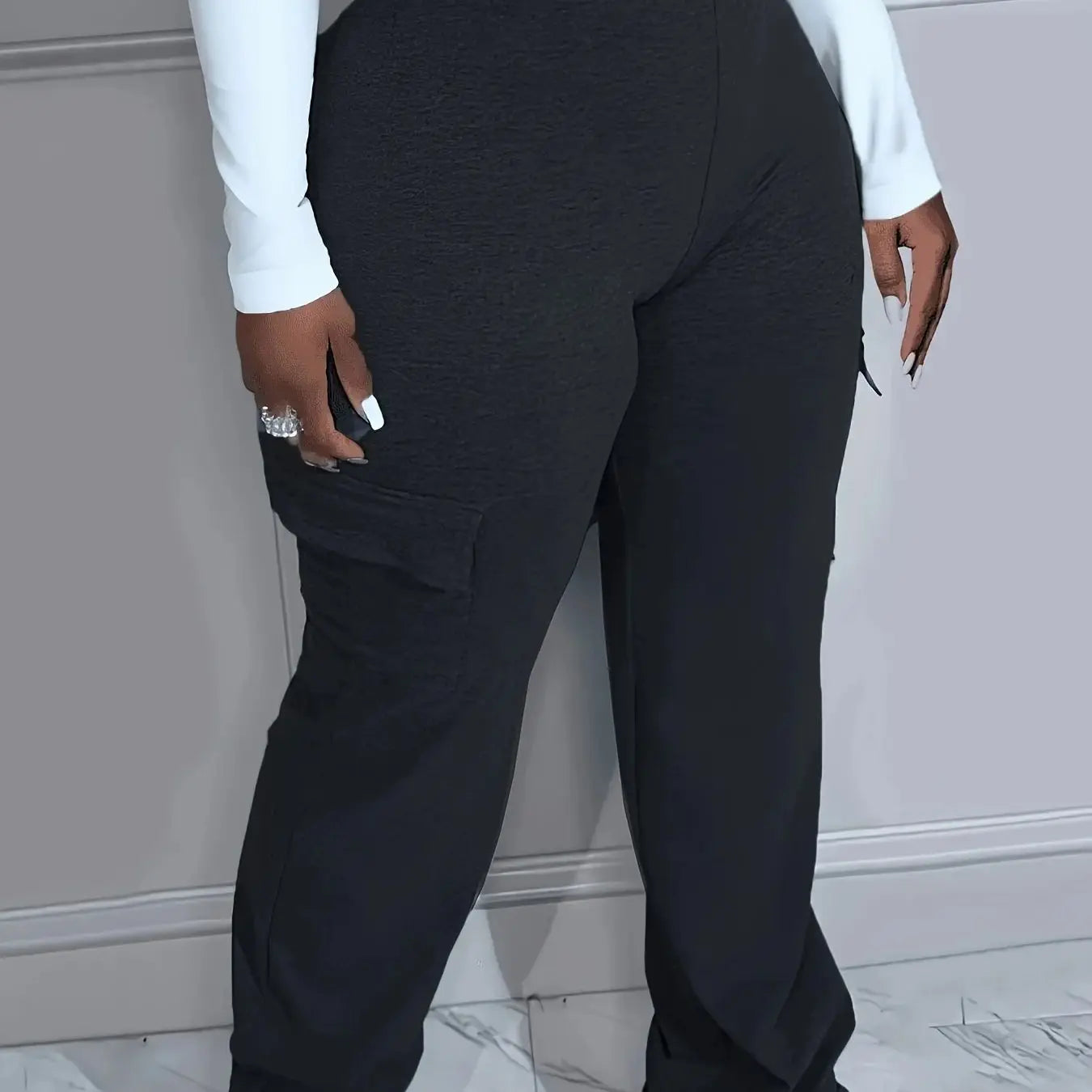 Plus Size Solid Pocket Pants Casual High Waist Pants For Spring & Fall Women's Plus Size Clothing