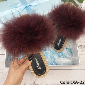 Fur Slippers Woman Flats Faux Straw Sandals Real Raccoon Fox Fur Summer Ladies Light Flip Flops 2024 Fashion New Beach Slides