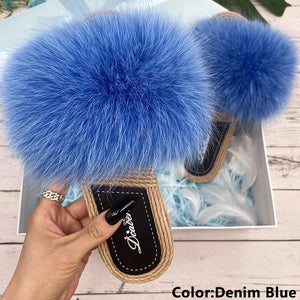 Fur Slippers Woman Flats Faux Straw Sandals Real Raccoon Fox Fur Summer Ladies Light Flip Flops 2024 Fashion New Beach Slides