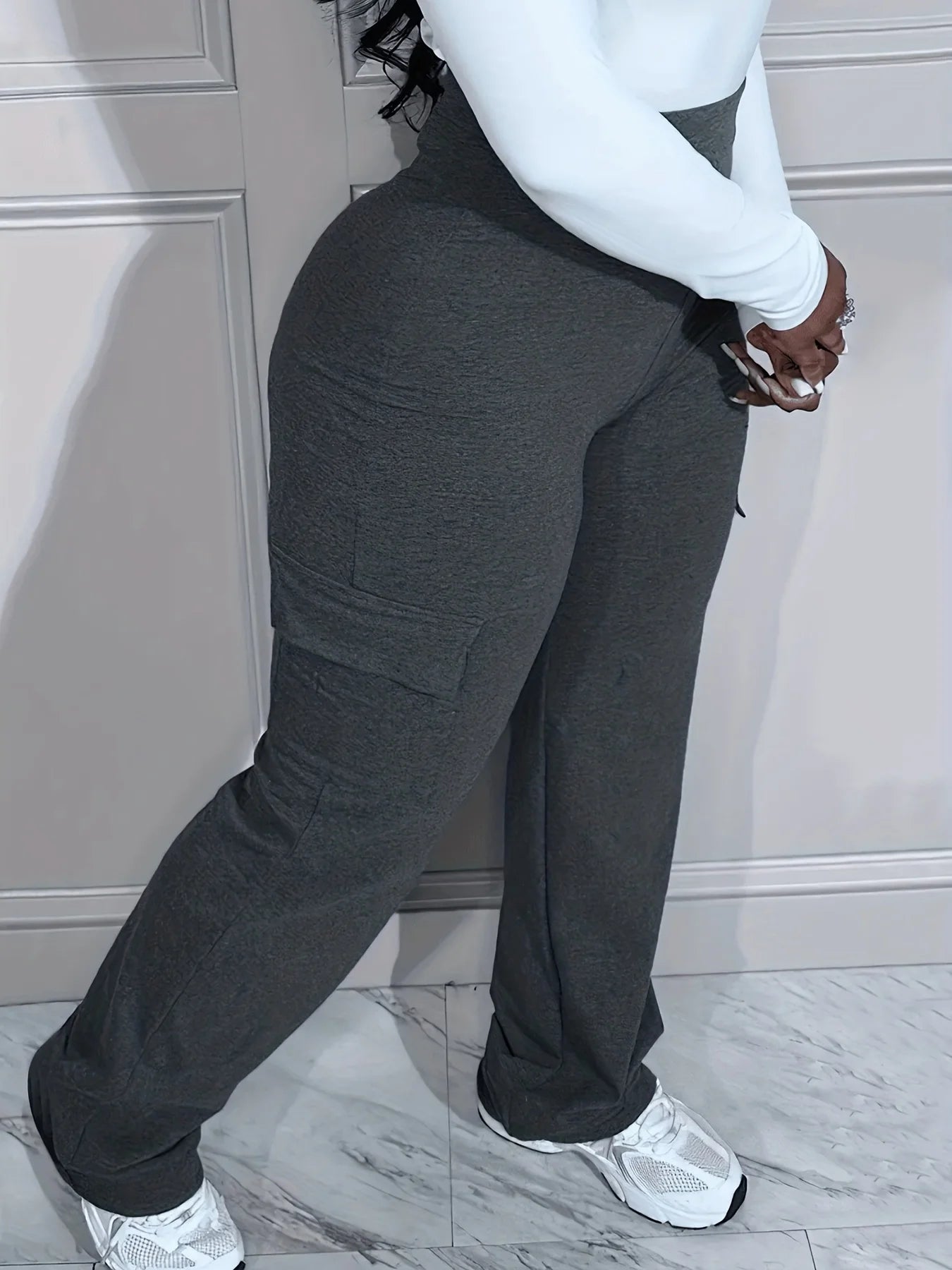 Plus Size Solid Pocket Pants Casual High Waist Pants For Spring & Fall Women's Plus Size Clothing