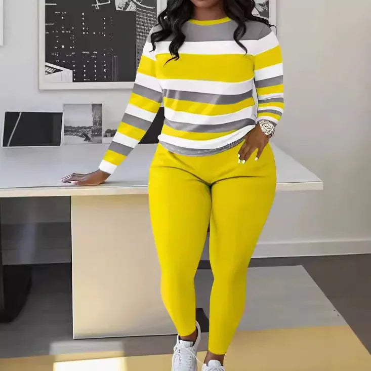 Women's Large Two-piece Set, Long Sleeved Round Neck Long Pants Top, Matched With Large Clothing Two Piece Set For Women