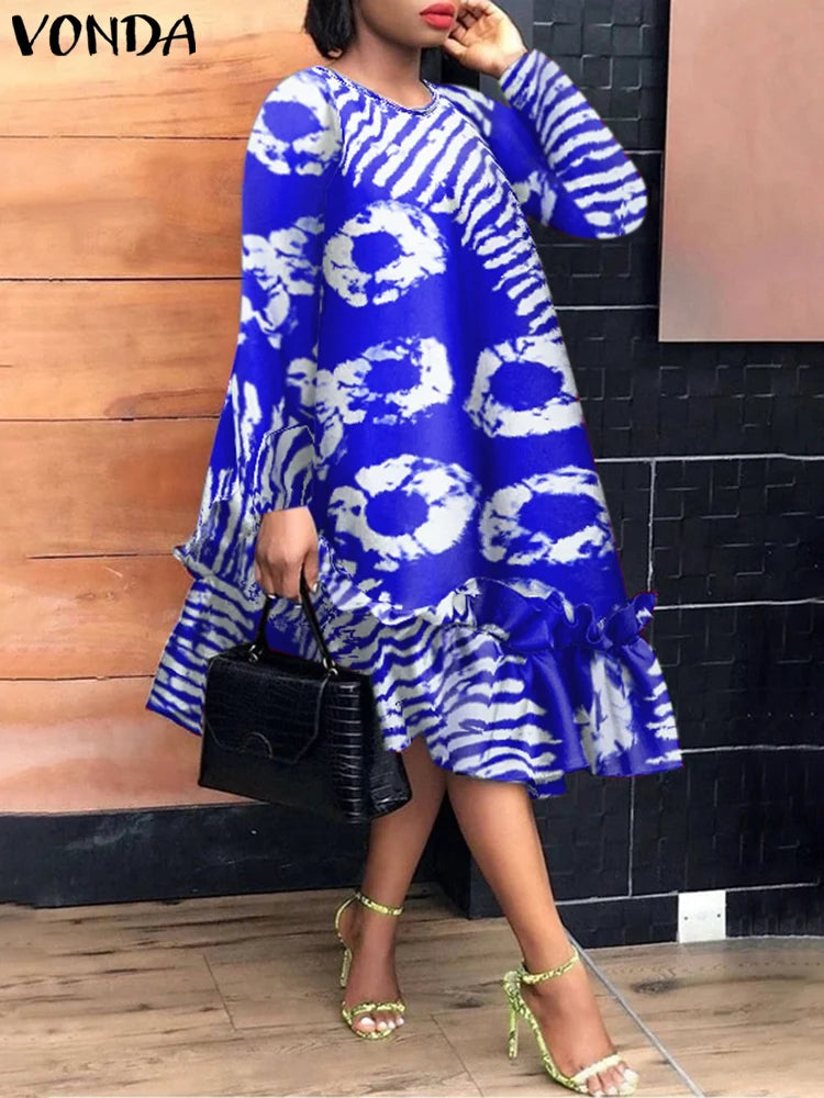 Plus Size 5XL VONDA Women Elegant Midi Dress 2024 Bohemian Printed Sundress Autumn Long Sleeve Casual Loose Robe Femme Vestidos
