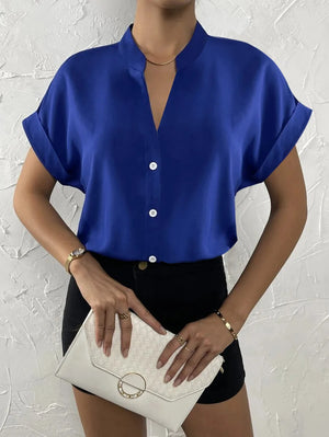 Women Solid Folds PU Leather Button Turn Down Collar Bodycon Working Black Blouse Tops