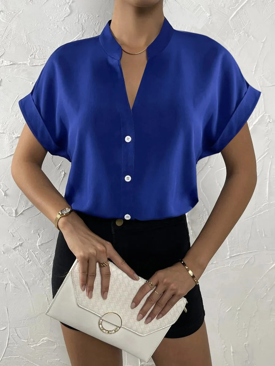 Women Solid Folds PU Leather Button Turn Down Collar Bodycon Working Black Blouse Tops