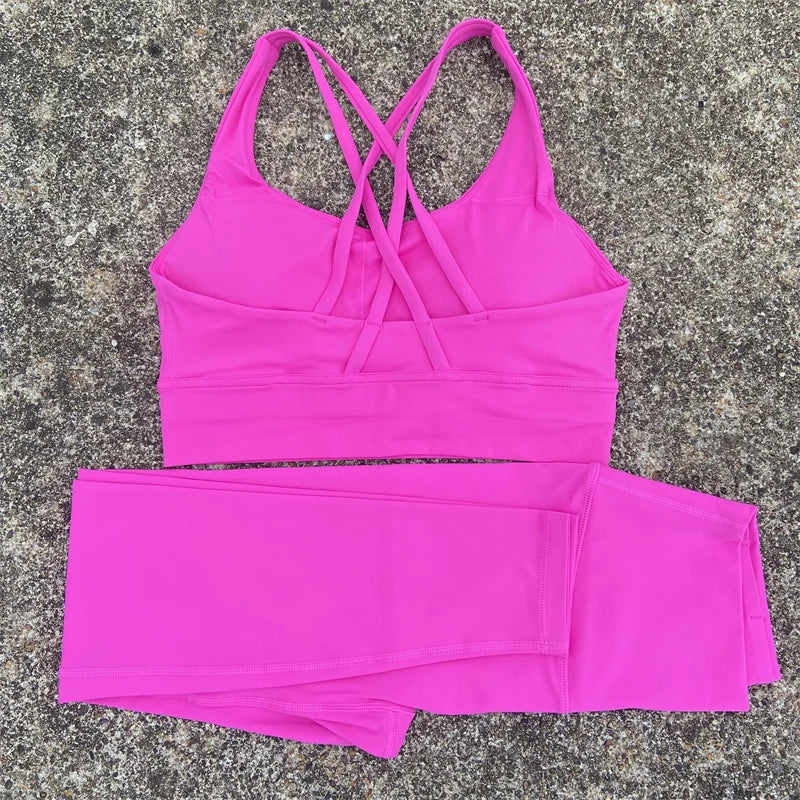 Yoga Set 2 Piece Set Gym Sports Set Women Workout Clothes Fitness Suit Cross Straps Bra High Waist Leggings Running Tracksuit