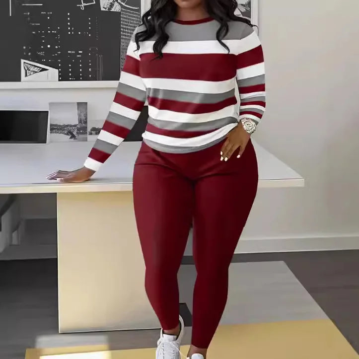Women's Large Two-piece Set, Long Sleeved Round Neck Long Pants Top, Matched With Large Clothing Two Piece Set For Women