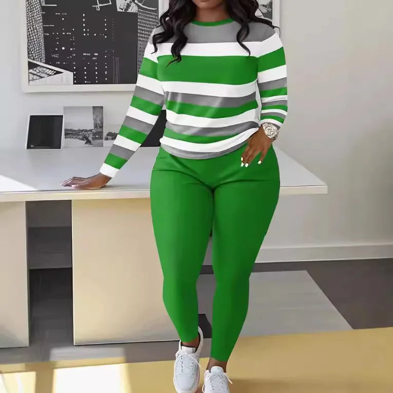 Women's Large Two-piece Set, Long Sleeved Round Neck Long Pants Top, Matched With Large Clothing Two Piece Set For Women
