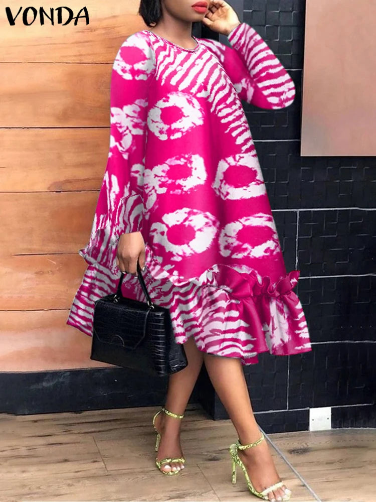 Plus Size 5XL VONDA Women Elegant Midi Dress 2024 Bohemian Printed Sundress Autumn Long Sleeve Casual Loose Robe Femme Vestidos