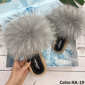 Fur Slippers Woman Flats Faux Straw Sandals Real Raccoon Fox Fur Summer Ladies Light Flip Flops 2024 Fashion New Beach Slides