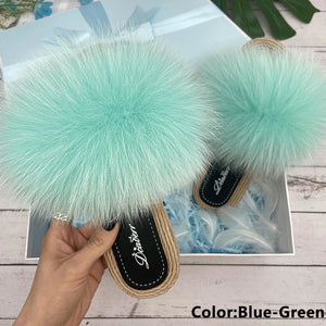 Fur Slippers Woman Flats Faux Straw Sandals Real Raccoon Fox Fur Summer Ladies Light Flip Flops 2024 Fashion New Beach Slides