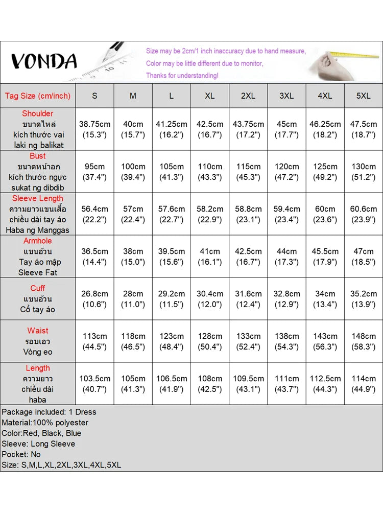 Plus Size 5XL VONDA Women Elegant Midi Dress 2024 Bohemian Printed Sundress Autumn Long Sleeve Casual Loose Robe Femme Vestidos