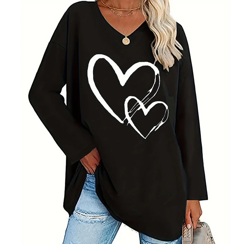 Plus Size Women&#39 s Clothing Black Printed Heart Top Casual V Neck Long Sleeve Top