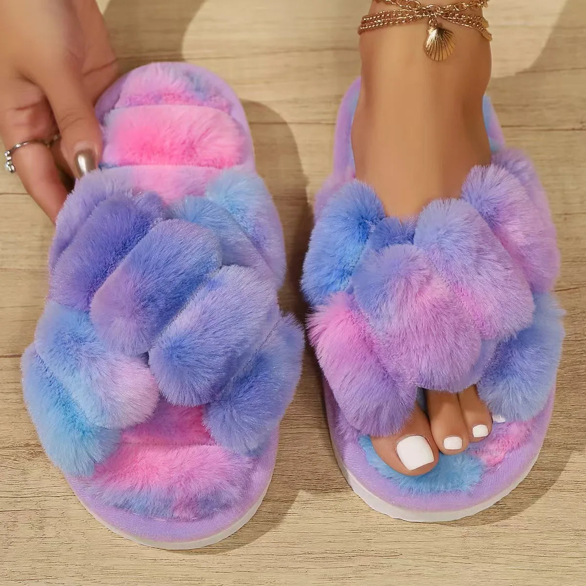 Women's plush and furry cross strap slippers - comfortable indoor home shoes with non slip soles women 2024