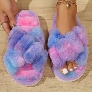 Women's plush and furry cross strap slippers - comfortable indoor home shoes with non slip soles women 2024
