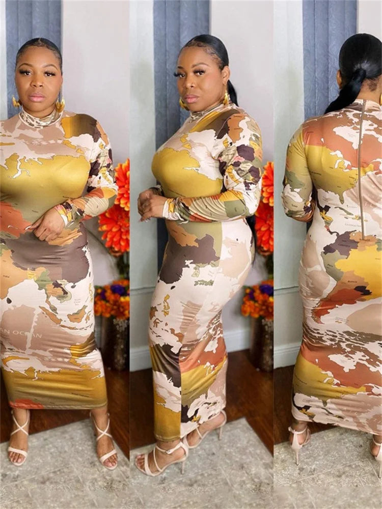 Wmstar Plus Size Dress for Women Vintage Turtleneck Long Sleeve Multi Print Maxi Dresses Fall Clotches Wholesale Dropshipping