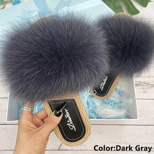 Fur Slippers Woman Flats Faux Straw Sandals Real Raccoon Fox Fur Summer Ladies Light Flip Flops 2024 Fashion New Beach Slides