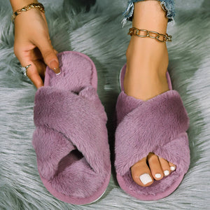 Cross opening spring and autumn home anti slip flat bottomed couple style fashionable and simple open toed hairy slippers
