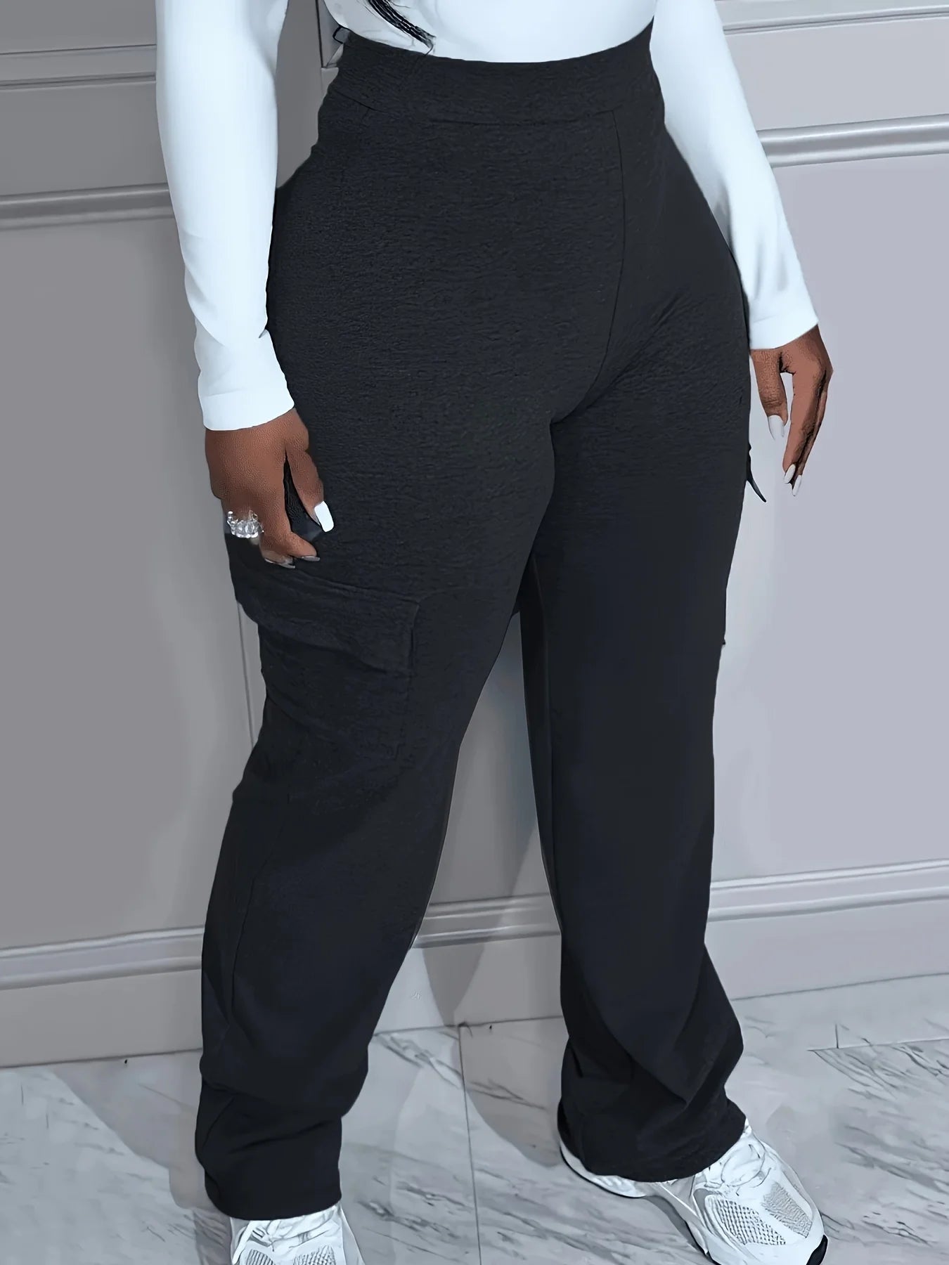 Plus Size Solid Pocket Pants Casual High Waist Pants For Spring & Fall Women's Plus Size Clothing