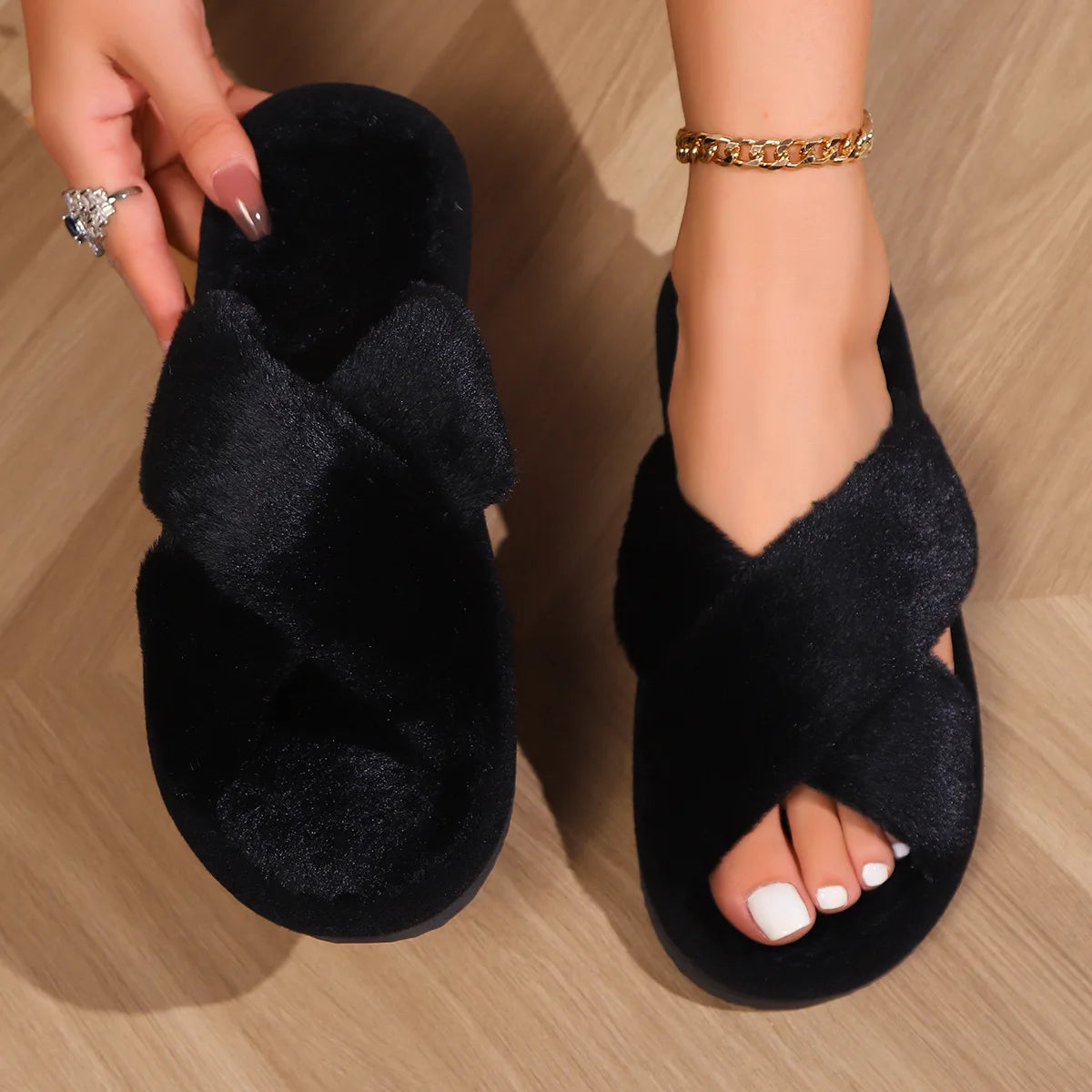 Cross opening spring and autumn home anti slip flat bottomed couple style fashionable and simple open toed hairy slippers
