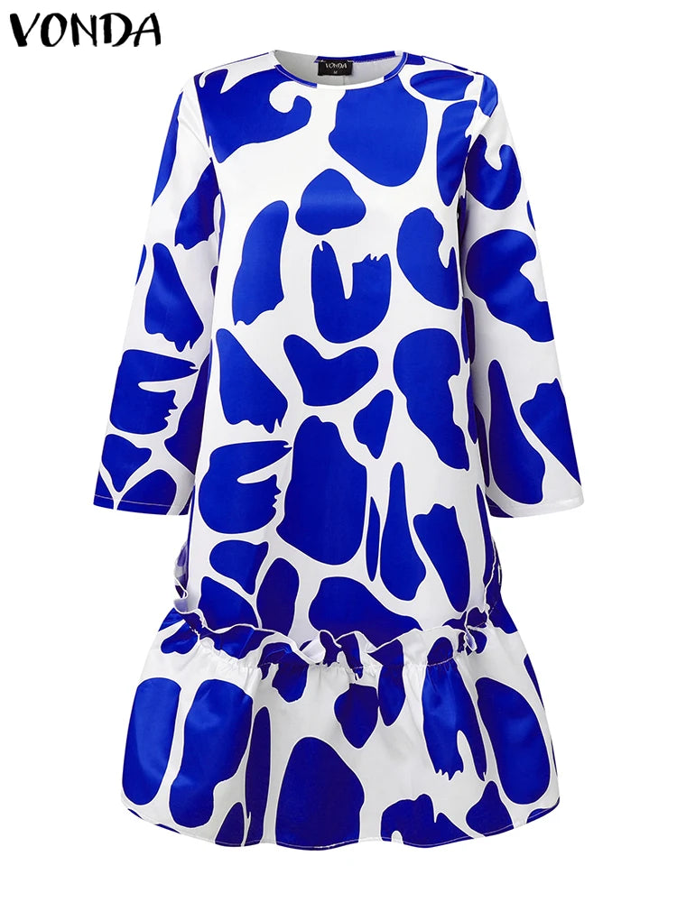 Plus Size 5XL VONDA Women Elegant Midi Dress 2024 Bohemian Printed Sundress Autumn Long Sleeve Casual Loose Robe Femme Vestidos