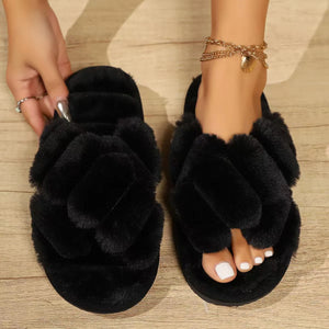 Women's plush and furry cross strap slippers - comfortable indoor home shoes with non slip soles women 2024