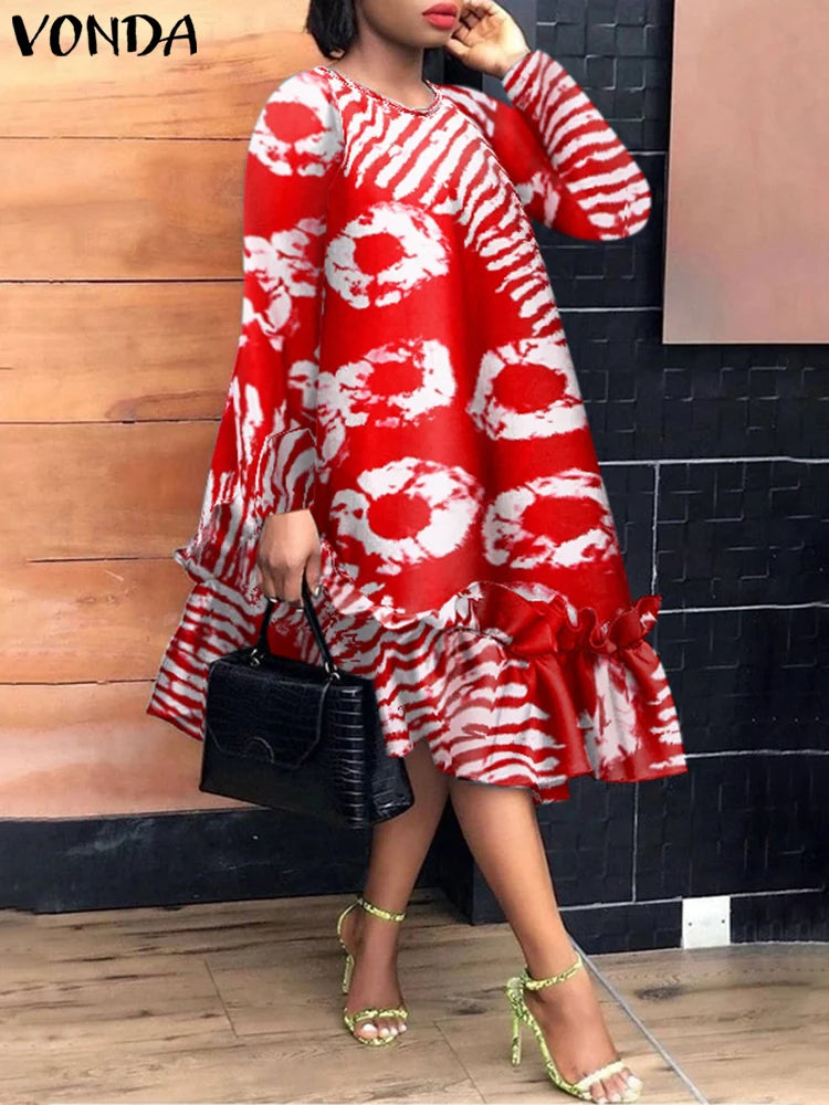 Plus Size 5XL VONDA Women Elegant Midi Dress 2024 Bohemian Printed Sundress Autumn Long Sleeve Casual Loose Robe Femme Vestidos